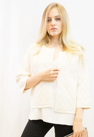 KNITTED SHORT CARDIGAN WITH THREE QUARTERS SLEEVES IN WHITE