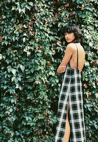 GREEN TARTAN & BLACK SATIN MAXI DRESS