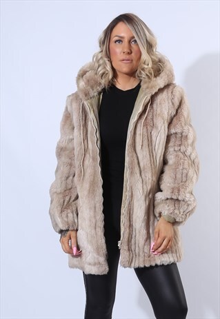 FAUX FUR COAT HOODED JACKET SHORT VINTAGE UK 16 (B8EN)