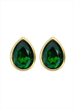 Christian Dior Earrings Gold Green Emerald Teardrop Clip on