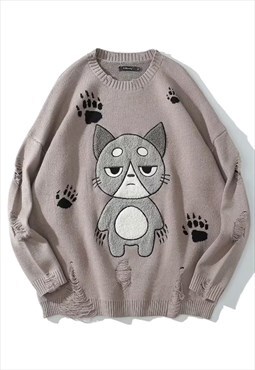Grumpy cat jumper fleece patch sweater ripped top in cream