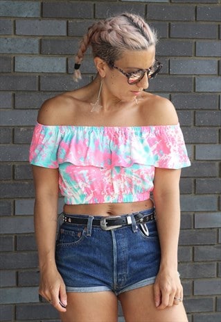 VINTAGE 1990S PINK CROPPED OFF THE SHOULDER FRILL TOP