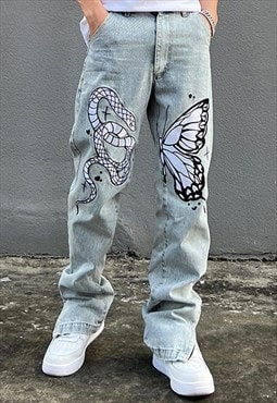 Blue Washed Snake Embroidered Pants Jeans Trousers Y2k