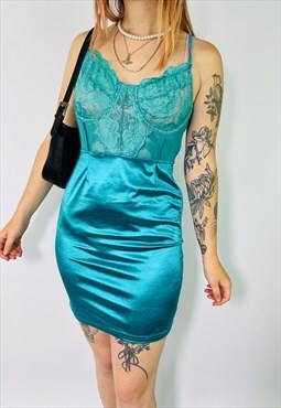 Vintage 90s Y2k Cute Blue Floral Lace Satin Mini Slip Dress