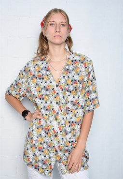 Vintage 80s printed v-neck short sleeves blouse shirt top