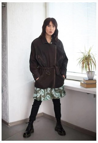 VINTAGE SOFT LEATHER AVIATOR STYLE BELTED JACKET IN BROWN