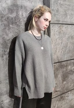 Side split wide sweater drop shoulder baggy knit jumper grey