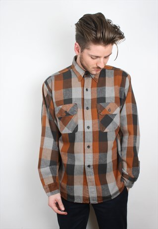 VINTAGE ORANGE PLAID CHECK FLANNEL SHIRT