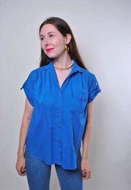 Vintage casual blue blouse with short sleeve 