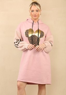 Balloon Knitted Sleeve Leopard Hooded Dress Pink