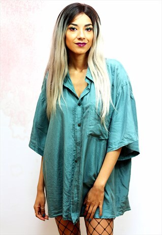 1990S VINTAGE GREEN PURE SILK OVERSIZED SHIRT
