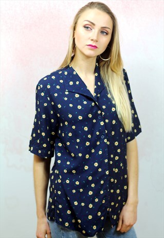 1990S VINTAGE NAVY BLUE SUNFLOWER PRINT VISCOSE BLOUSE
