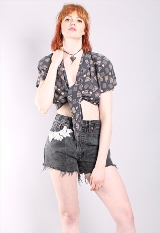 VINTAGE 80S CRAZY PATTERNED TIE UP CROP TOP
