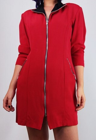 VINTAGE 80'S BLAZER MINI DRESS FRONT ZIPPER PADDED SHOULDERS