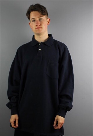 VINTAGE POLO RALPH LAUREN BUTTON UP SWEATSHIRT IN NAVY WITH