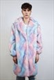 TIE-DYE COAT FAUX FUR PASTEL PINK SHAGGY TRENCH OVERCOAT 