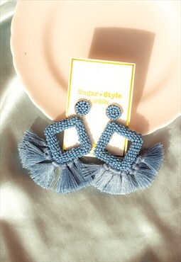 Blue Beaded Tassel Dangle Earrings