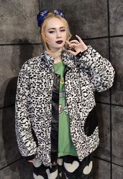 2 Sided leopard fleece jacket faux leather reversible bomber