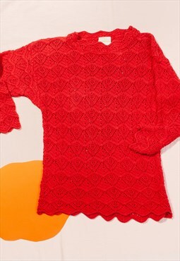 Vintage Lace Jumper 90s Crocheted Sweater in Red Cotton