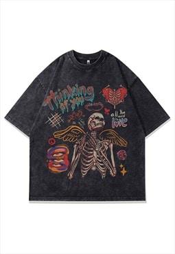 Y2K rocker t-shirt skeleton print tee psychedelic top grey