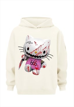 Anime hoodie creepy print pullover scary Kawaii jumper cream