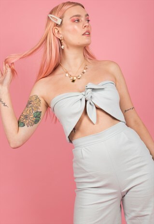 LIGHT BLUE LINEN TIE FRONT BANDEAU SUMMER TOP