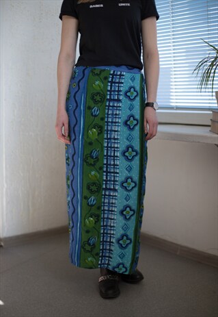 VINTAGE 90'S MAXI BLUE PATTERNED WRAP SKIRT