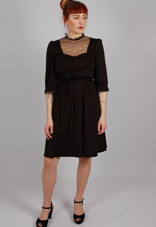 VINTAGE BLACK MIDI DRESS WITH EMBROIDERED LACE DETAILS