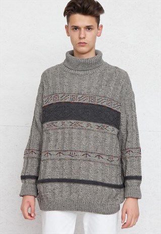 VINTAGE GREY TURTLE ROLL NECK KNIT JUMPER SWEATER