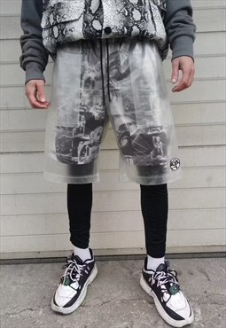 Transparent shorts elastic see-through plastic overalls gray