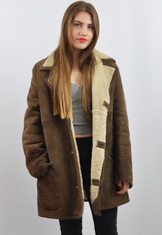 VINTAGE CHOCOLATE BROWN SHEEPSKIN SHEARLING COAT