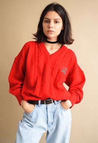 80'S RETRO LACOSTE OVERSIZED KNITTED SLOUCHY JUMPER TOP