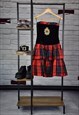 90s Vintage Grunge Black Red Tartan Beaded Embroidery Dress