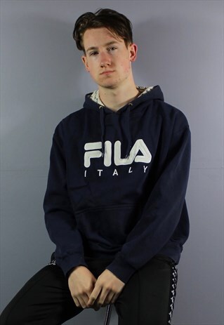 VINTAGE FILA HOODIE IN NAVY WITH EMBROIDERED SPELLOUT LOGO A