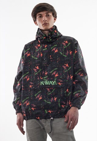 VINTAGE K-WAY SHELL WINDBREAKER PULLOVER 90S GREY AZTEC