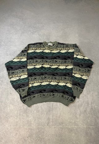 VINTAGE KNITTED JUMPER ABSTRACT PATTERNED GRANDAD SWEATER