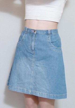 VINTAGE 1990'S CUTE MID WASH A-LINE DENIM MINI SKIRT