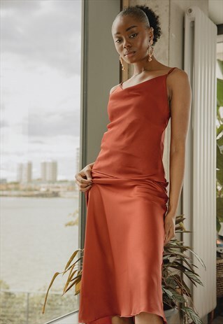 Rust Red Satin Midi Skirt and Strap Top Set