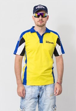 SUZUKI polo shirt in yellow blue embroidered racing top