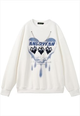 Heart print sweatshirt metal chain jumper retro top in white
