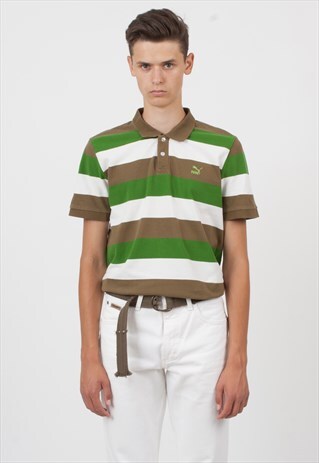 VINTAGE BROWN GREEN PUMA SHORT SLEEVE STRIPED POLO SHIRT TOP