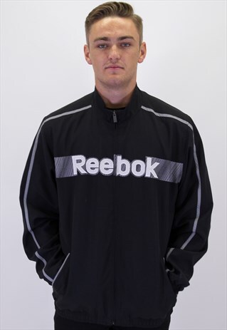 VINTAGE REEBOK SPELL OUT JACKET IN BLACK XL