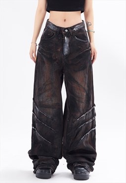 Black oil wash jeans dirty denim trouser ripped rave pants