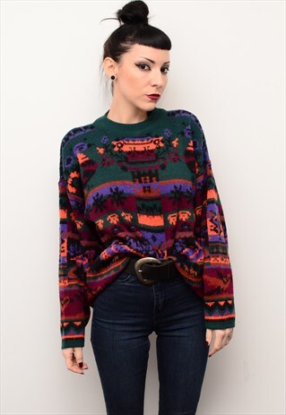 VINTAGE 90'S BOLD FUNKY FOLK PATTERNED SLOUCHY JUMPER