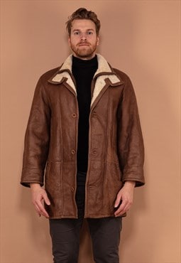 Vintage 90's Men Shearling Leather Coat in Brown