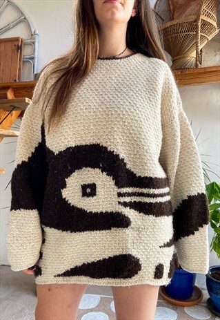 VINTAGE 90'S HIPPIE BROWN & CREAM KNIT JUMPER - M/L