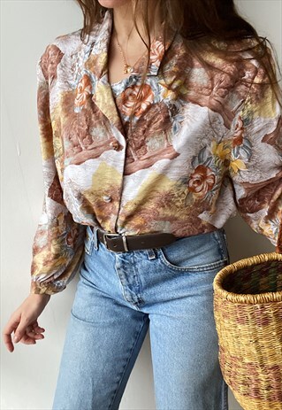 VINTAGE 80S OLD MANSION & ROSES COUNTRYSIDE PRINT BLOUSE TOP