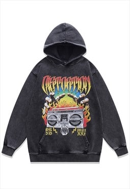 80s sound system hoodie DJ pullover flame print jumper grey