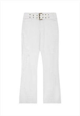 Distressed flare jeans ripped belted denim trousers in white