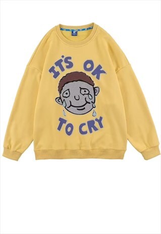 CRY BOY SWEATSHIRT EMO PATCH JUMPER PREMIUM TOP YELLOW